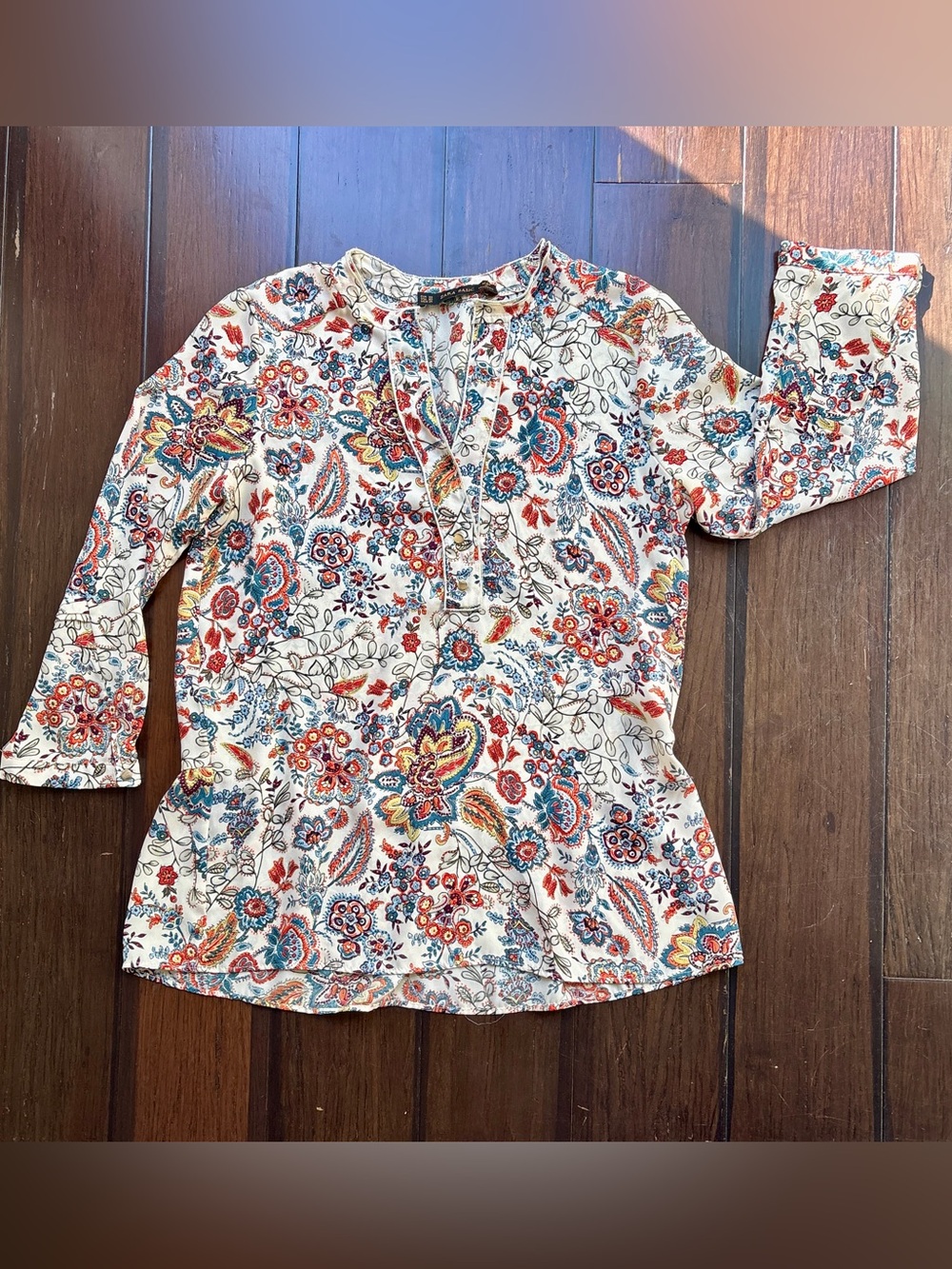Zara Basics Cream Paisley Tunic Multicolor Print XS boho heritage surrealism